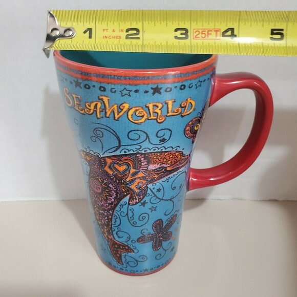 Seaworld Dolphin Ceramic Coffee Mug 16oz Blue Red butterfly star artistic design - Picture 6 of 11
